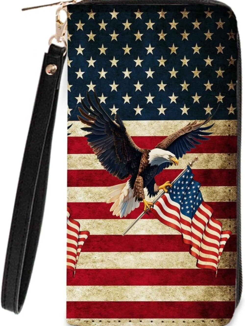 Patriotic Eagle & American Flag Wallet - Slim PU Leather Travel Wristlet, Coin